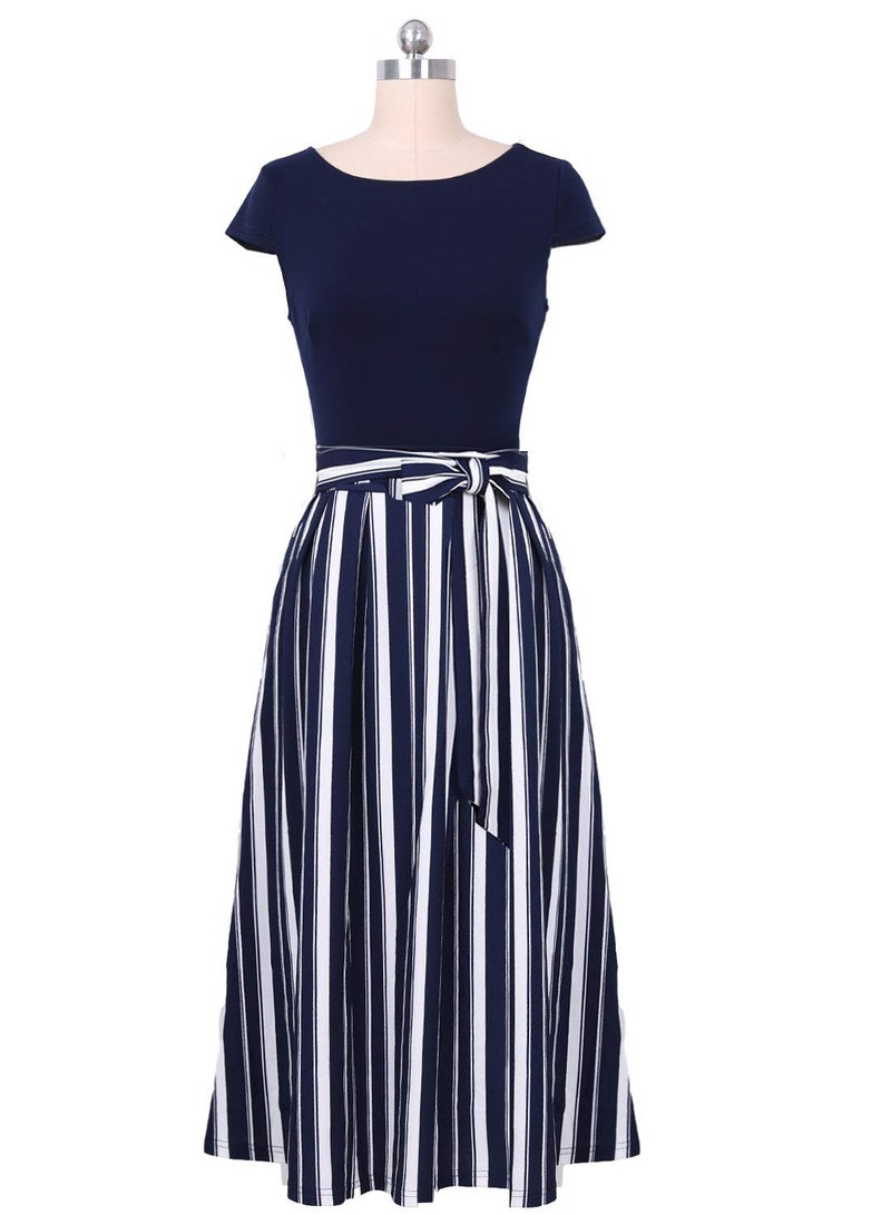 VFSHOW Womens Navy Blue and White Striped Print Patchwork Pockets Pleated Work Casual Party A-Line Midi Dress 2831 BLU M - Image 3